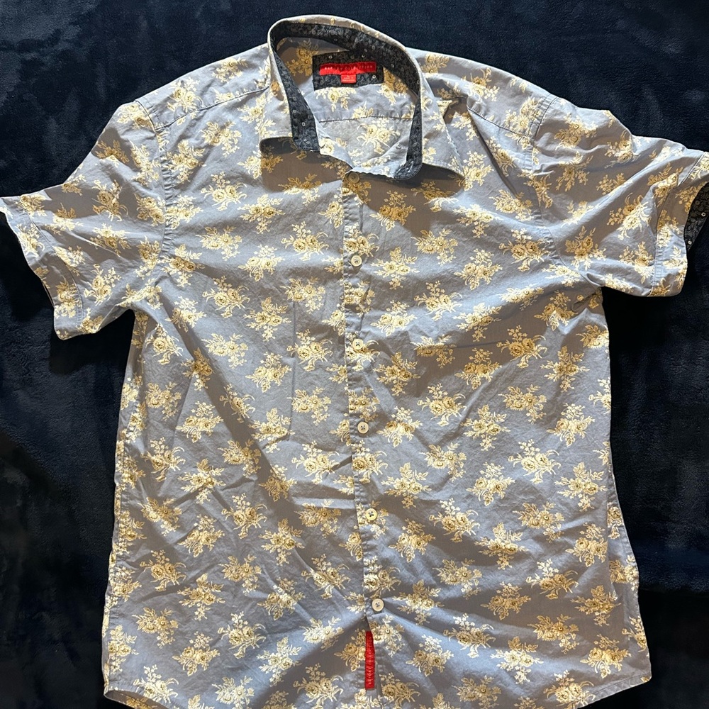 Report Collection Men's Floral Button Down Shirt - Gray and Cream